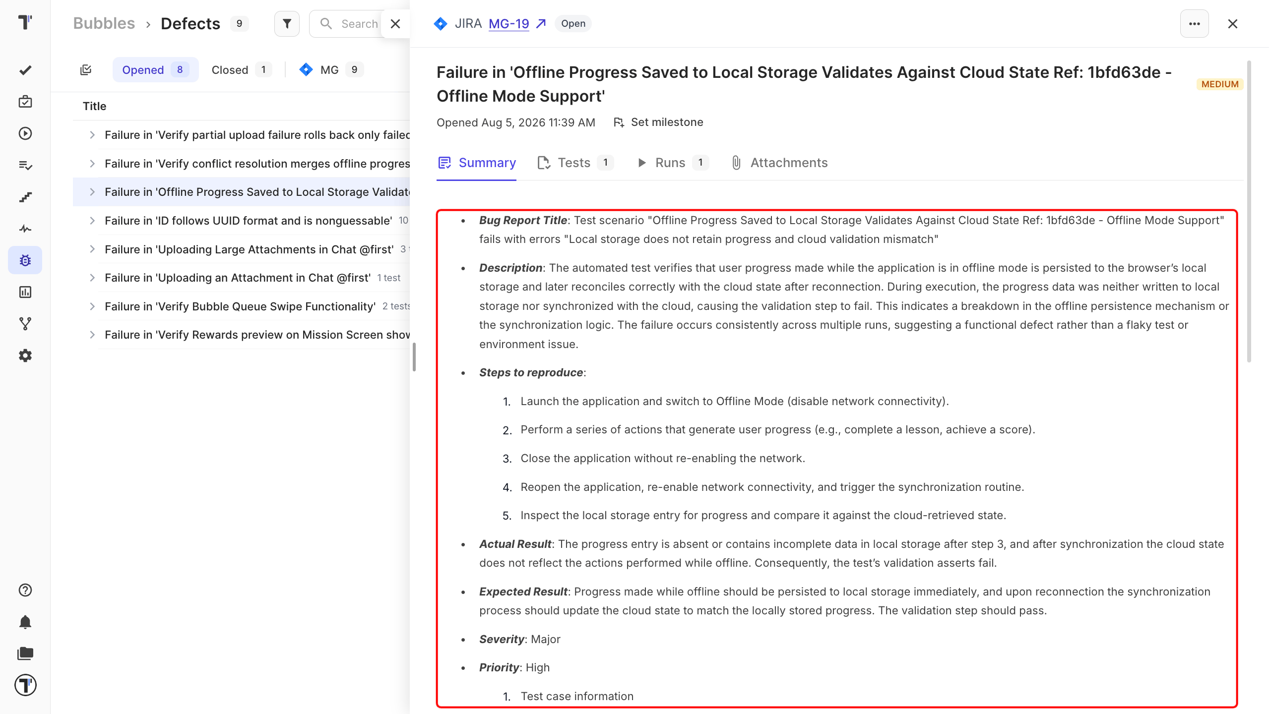 A defect open in detail with its affected tests